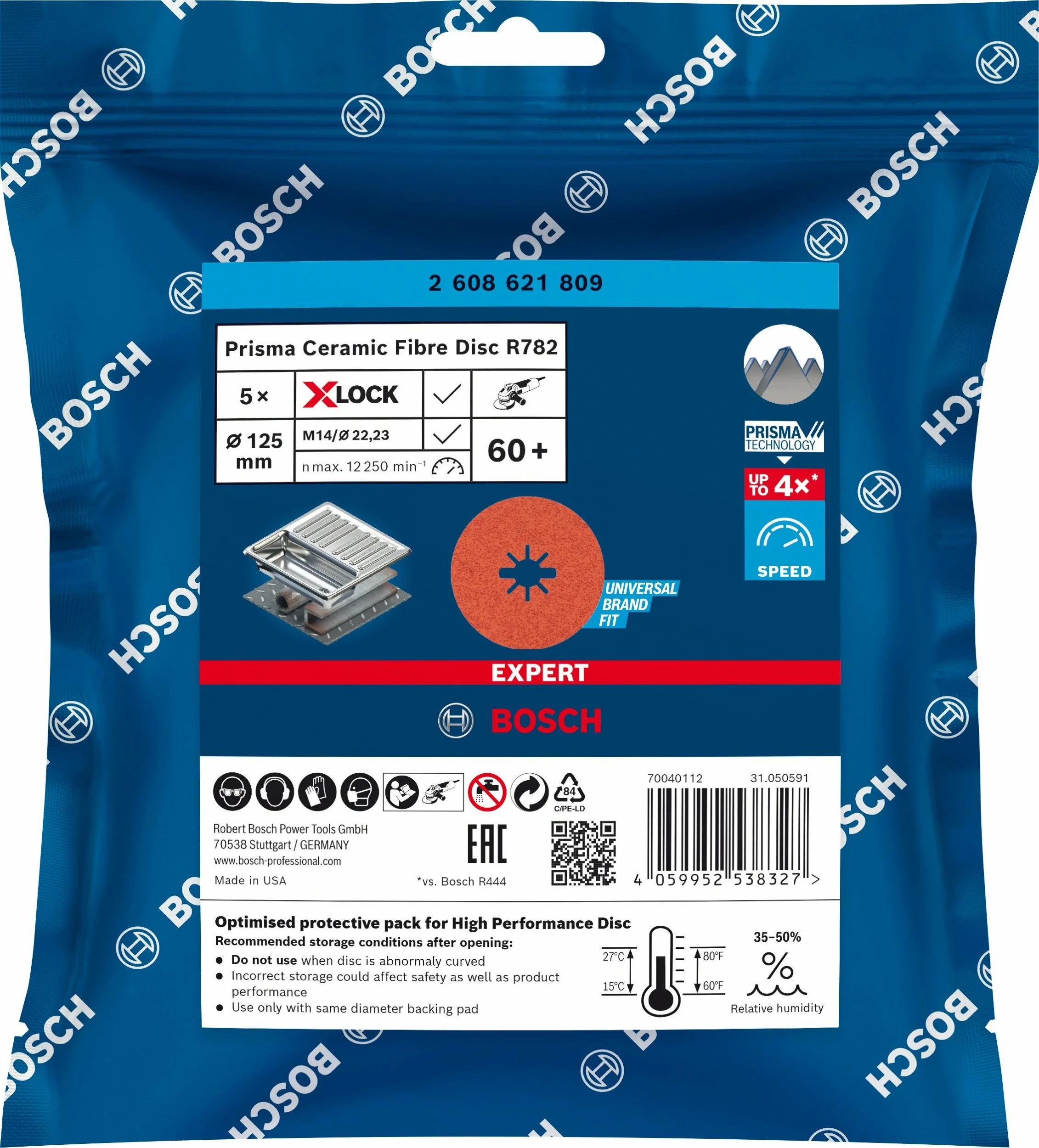 Disk fibër abraziv Bosch EXPERT R782 Prisma Ceramic X-LOCK 125 mm, Ø22.23 mm, G60, set 5 copë