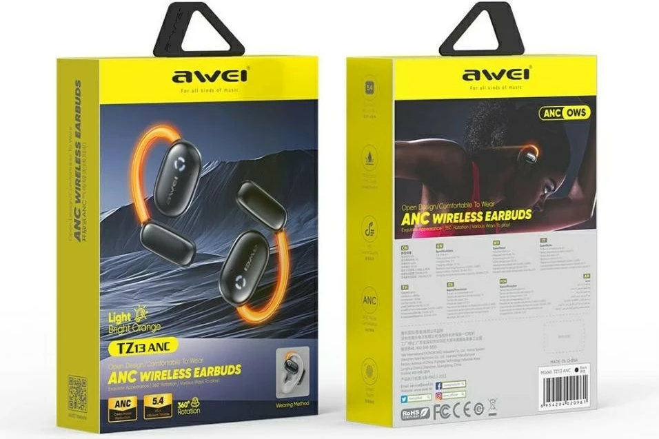 Kufje Bluetooth AWEI TZ13 ANC, BT 5.4, anulim aktiv i zhurmës, grepë veshi, kasë spinner me USB-C, e zezë