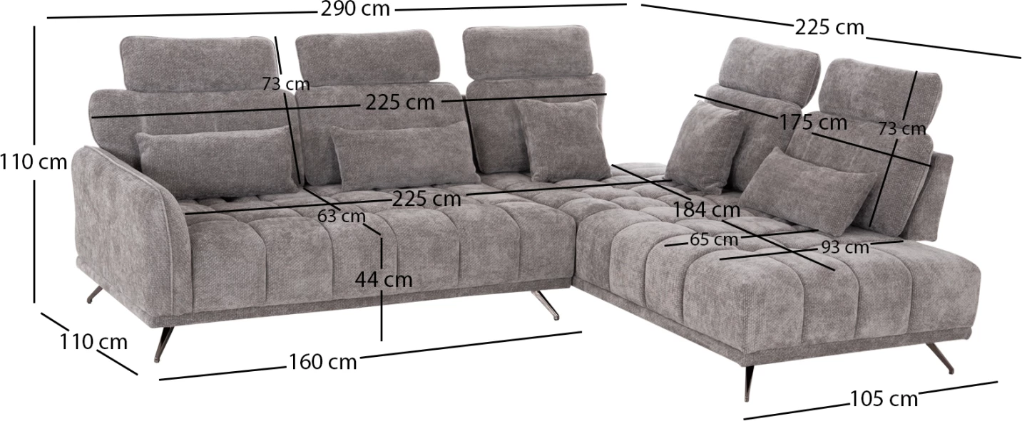 Këndare e djathtë pesësh, material gri, MYRON CD3318.01R, 290x110-225x110H