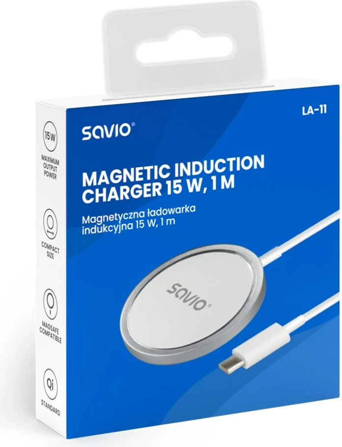 Karikues wireless magnetik SAVIO LA-11, 15 W, 1 m, Bardhë