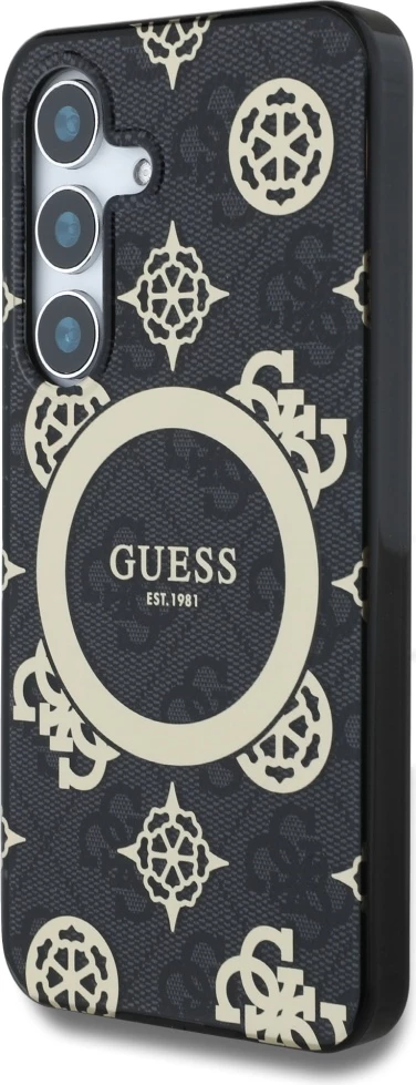 Mbështjellës Guess 4G Background Gold Electroplated Peony Pattern MagSafe për Samsung Galaxy S25, Zi