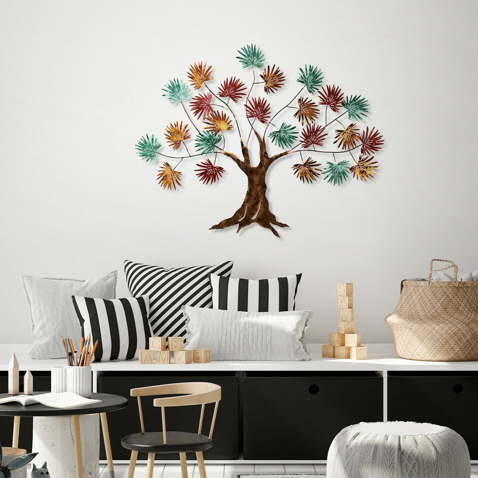 Aksesor dekorativ metalik për mur, Wallity, gjethe panje, ngjyrë e gjelbër, e kuqe