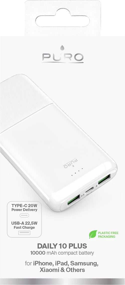 Powerbank Puro DAILY 10 PLUS 10000mAh, 2x USB-A, 1x USB-C, 22.5W, e bardhë