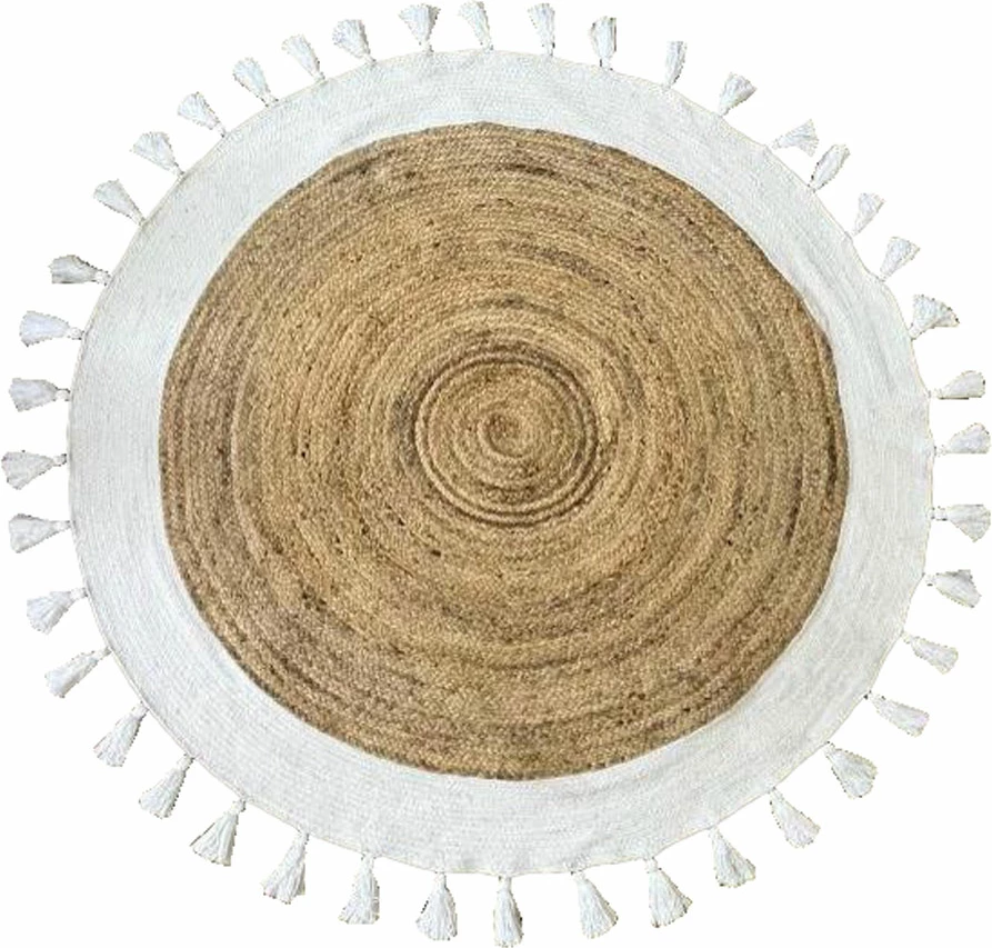 Qilim i rrumbullakët Maia, pambuk dhe jute, natyral-bardhë, 150x150cm