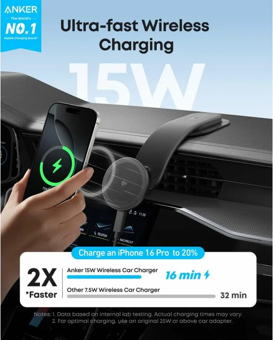 Karikues wireless magnetik për veturë, ANKER Nano MagGo B2216H11, 15W, me mbajtëse, i zi, set me adapter 25W + kabllo USB-C