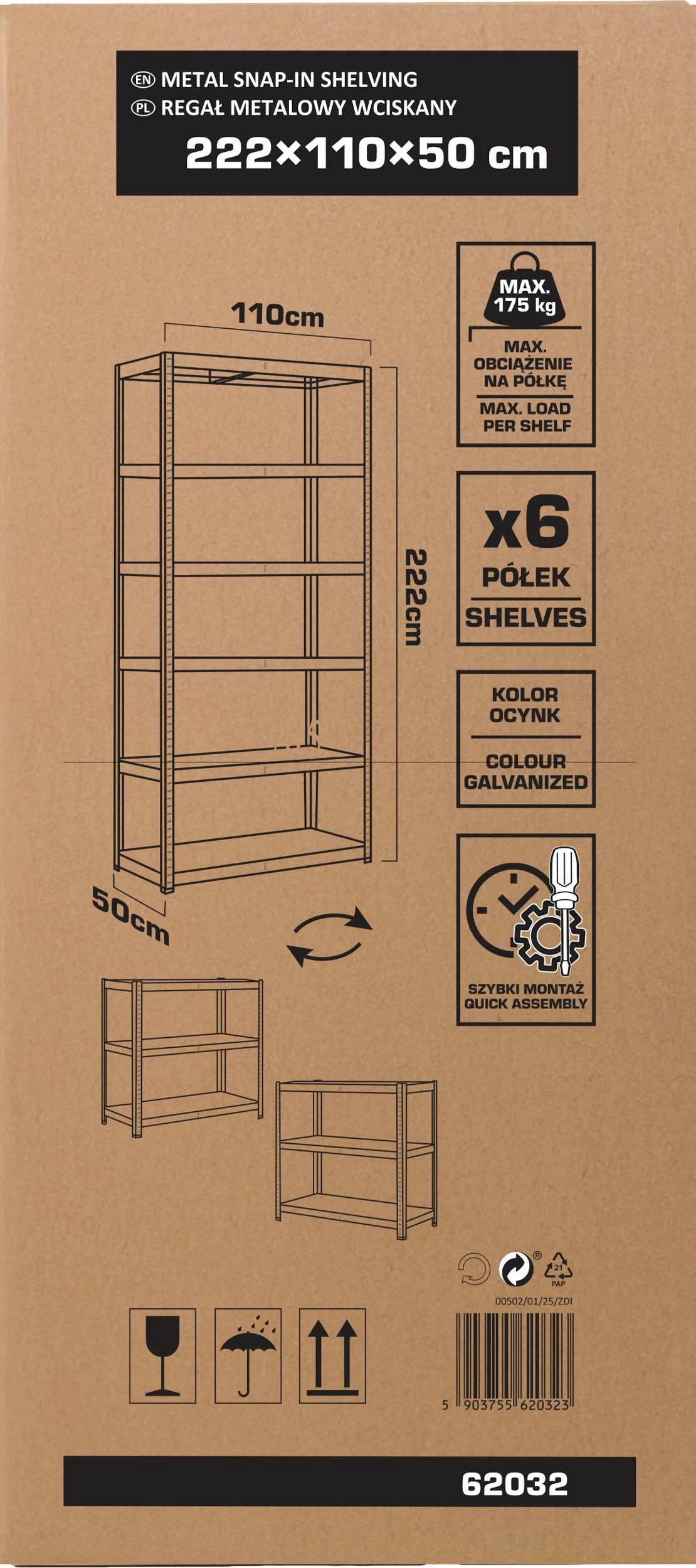 Raft metalik magazinimi PROLINE 62032, 6 rafte, 222x110x50cm, 175kg/raft