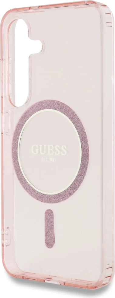 Mbështjellës Guess Glitter Circle Classic Logo MagSafe për Samsung Galaxy S25, Rozë