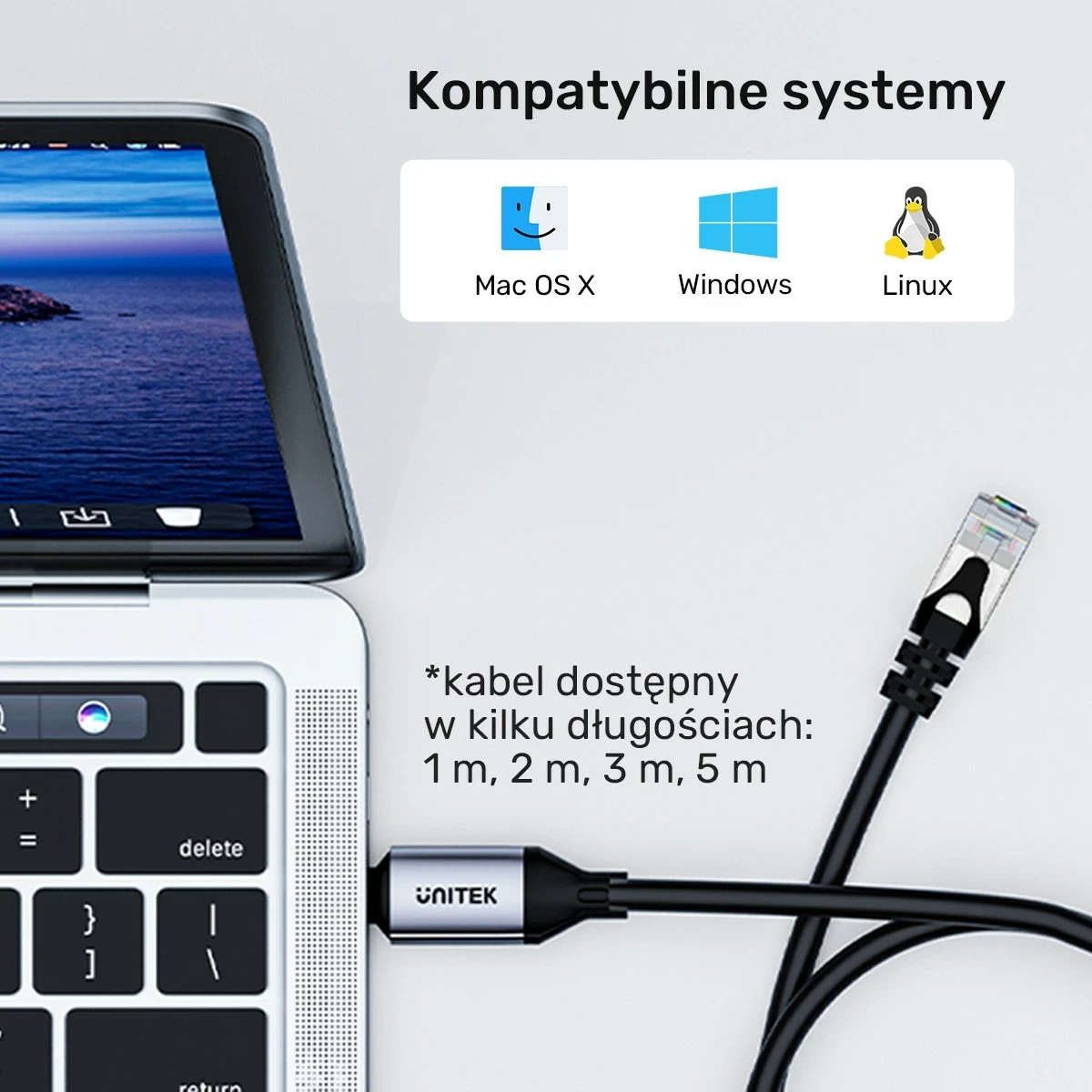 Kabëll Ethernet Unitek USB C RJ-45 LAN, 1m, zi-argjendtë