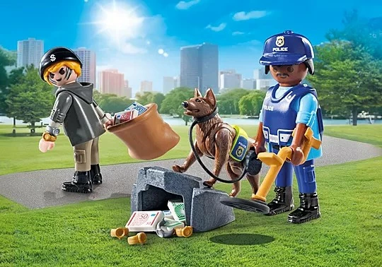 Set lodrash Playmobil Action Heroes 71731 me polic, hajdut dhe qen gjurmues, 27 pjesë