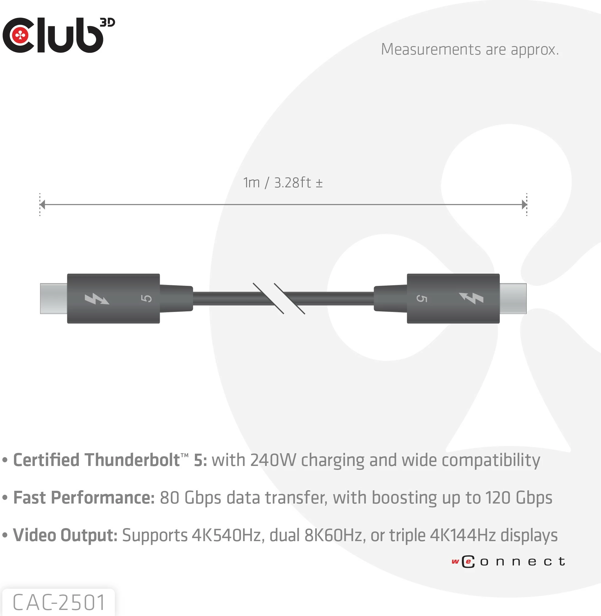 Kabllo Thunderbolt 5 Club3D 1m, 8K240Hz, 80/120Gbps, USB Type-C, e zezë