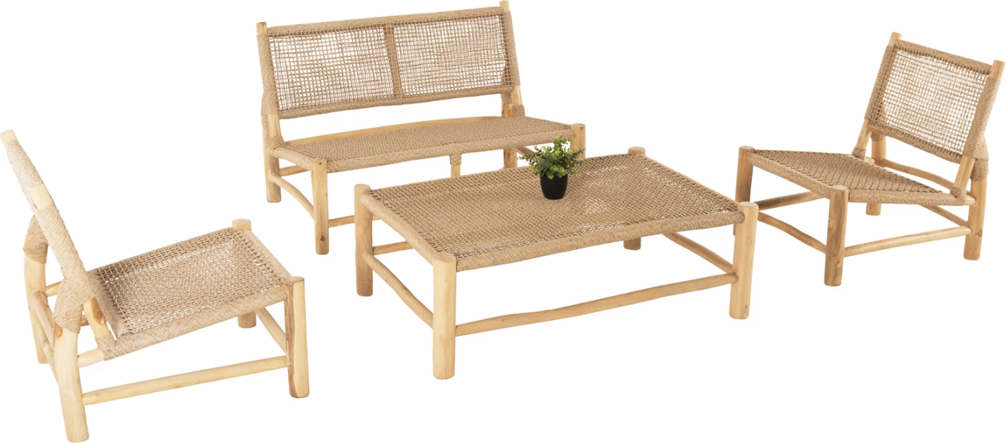 Set salloni për jashtë 4 pjesë, dru teak, ratan sintetik, ngjyrë natyrale