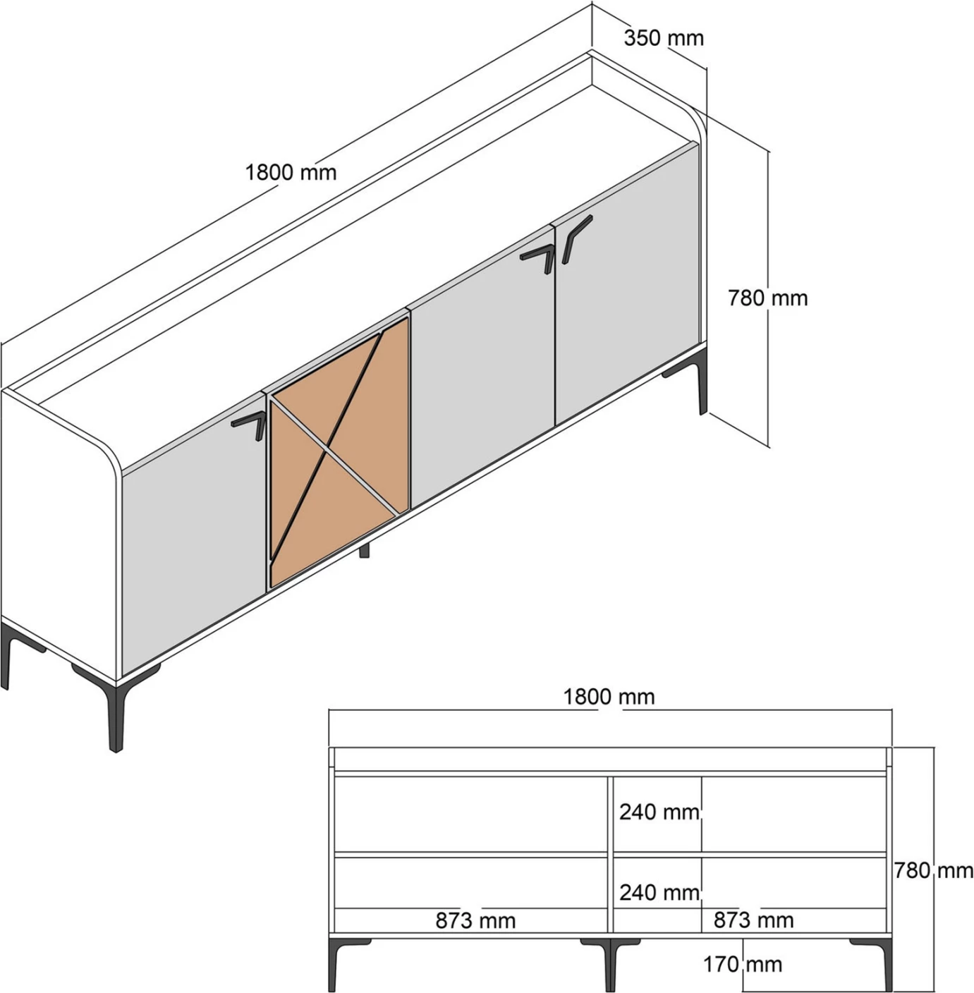 Bufe melamine, pamje arre dhe mermer të bardhë, 180x35x78H cm, FH9433.02
