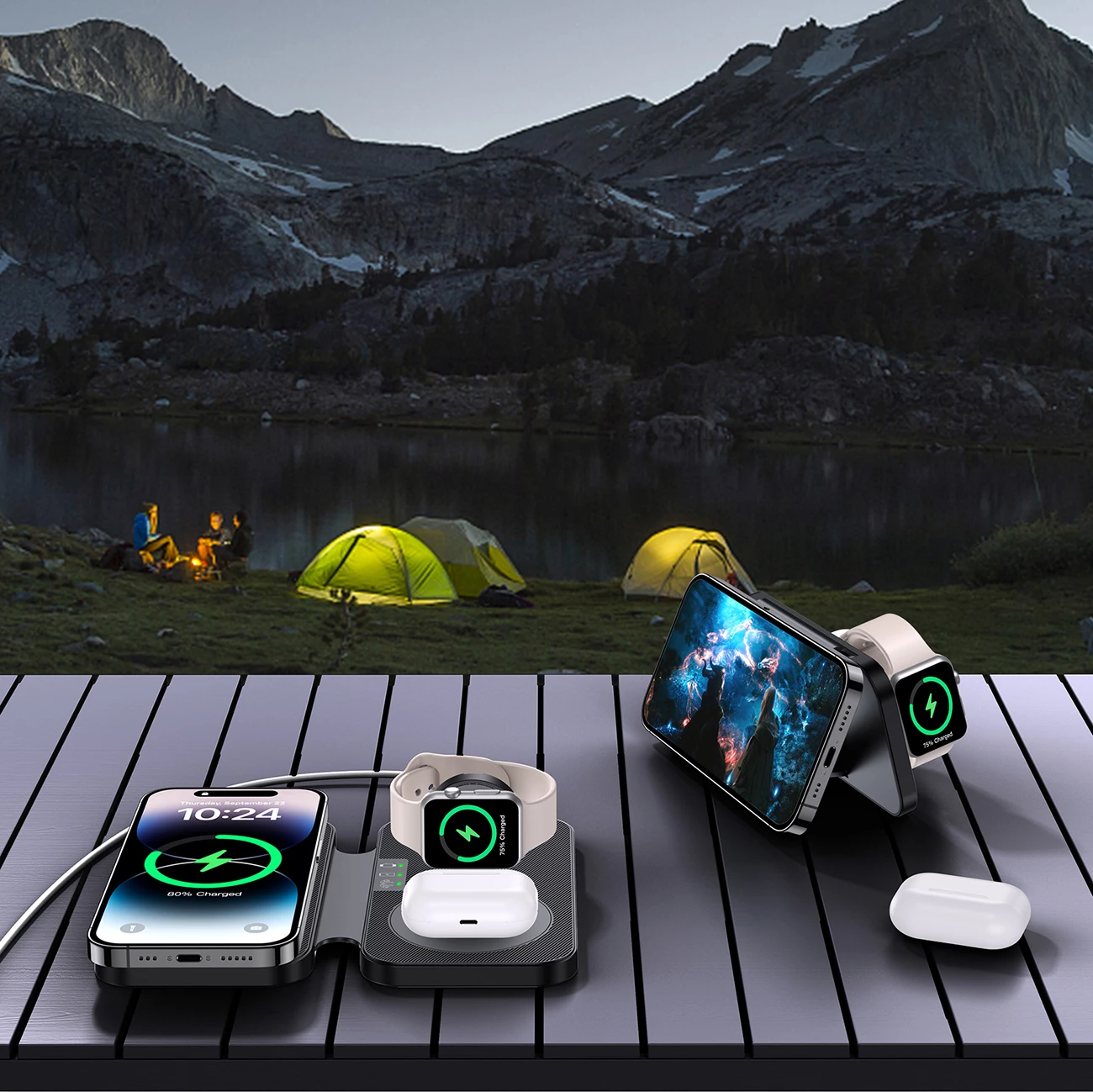 Karikues wireless 3-në-1 Choetech T616-F, me LED, me kabllo USB-C, i zi