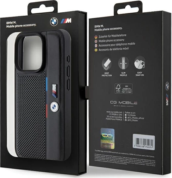Mbështjellës BMW Perforated Tricolor Line për iPhone 15 Pro Max, i zi
