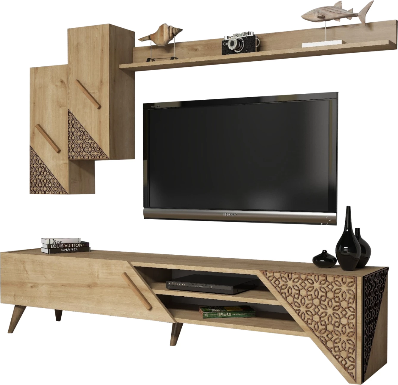 Mobilje TV kombo FH9514.01 melamin, ngjyrë lisi natyral, 180x37x40H cm