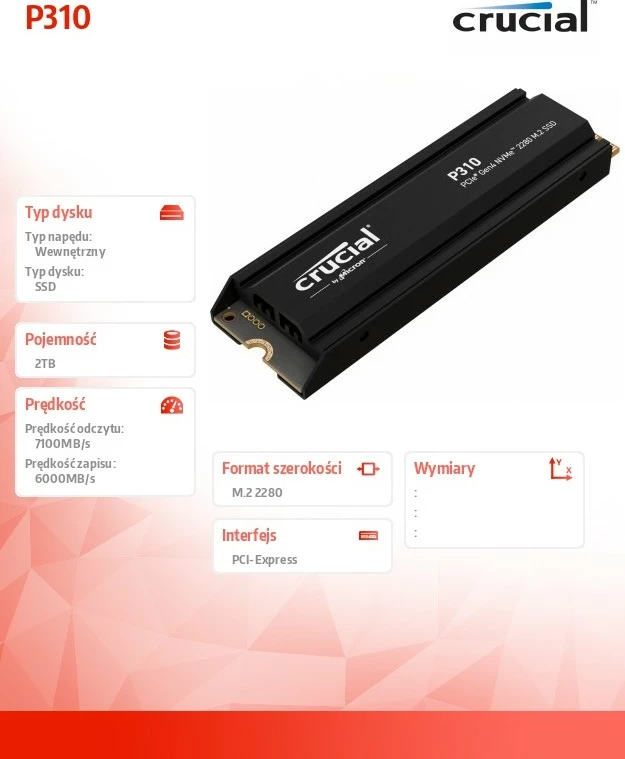 SSD Crucial P310, 2TB, M.2 NVMe PCIe 4.0, me radiator