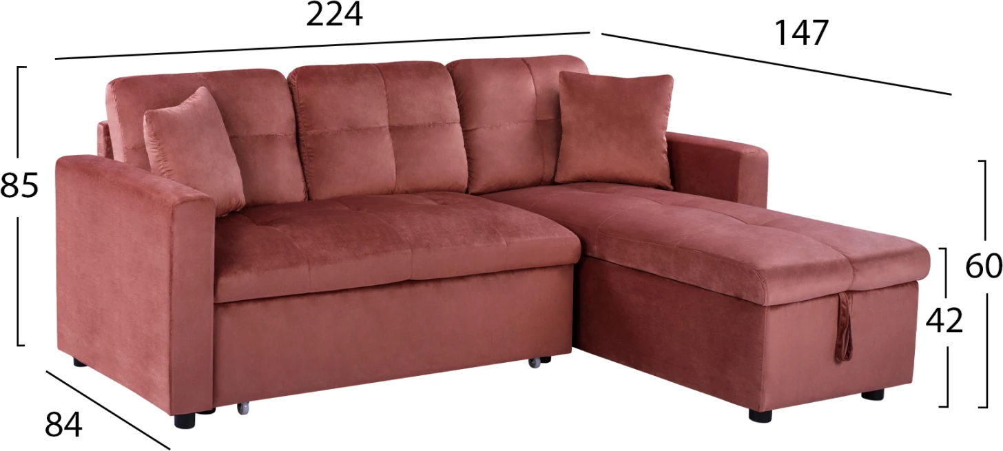 Divan qoshe me shtrat, ngjyrë rozë e zbehtë, FH3028.12, 224x147x85 cm