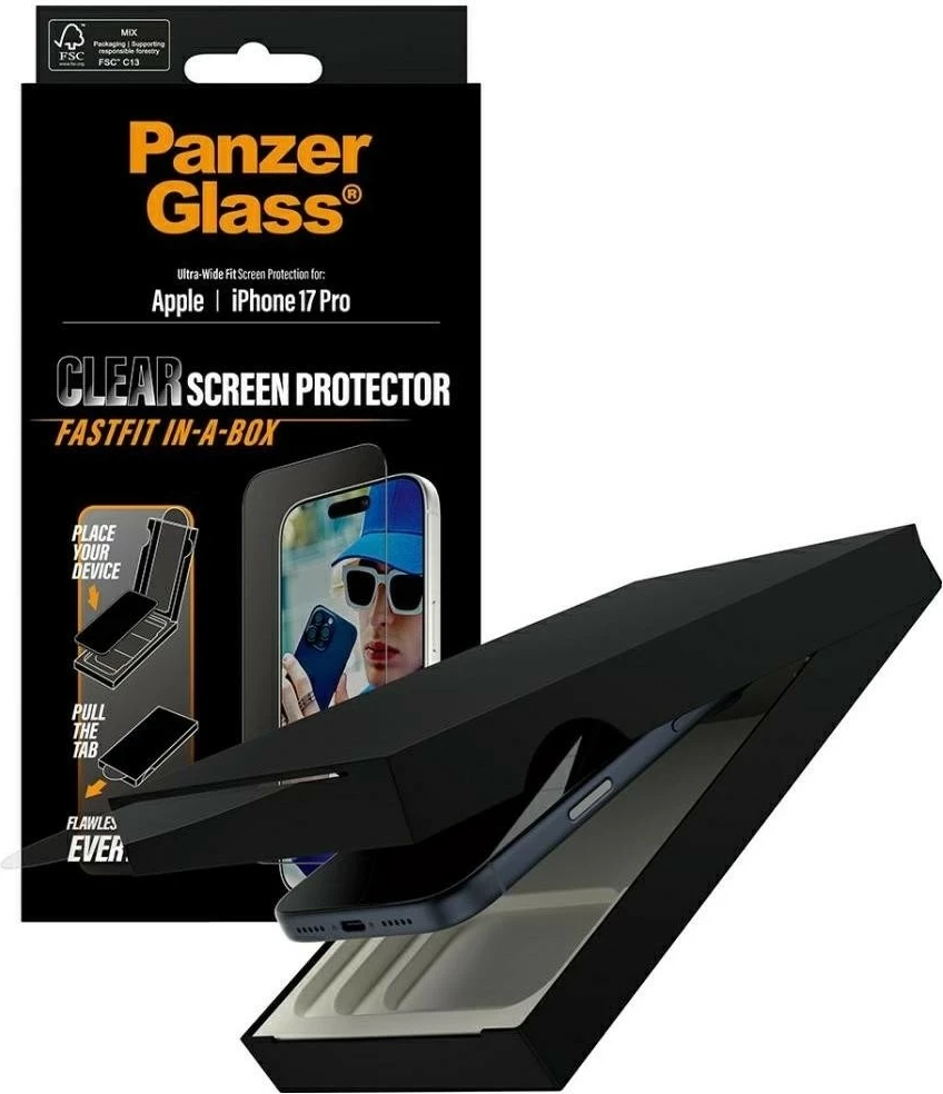Xham mbrojtës PanzerGlass Ultra-Wide Fit Fastfit për iPhone 17 Pro transparent