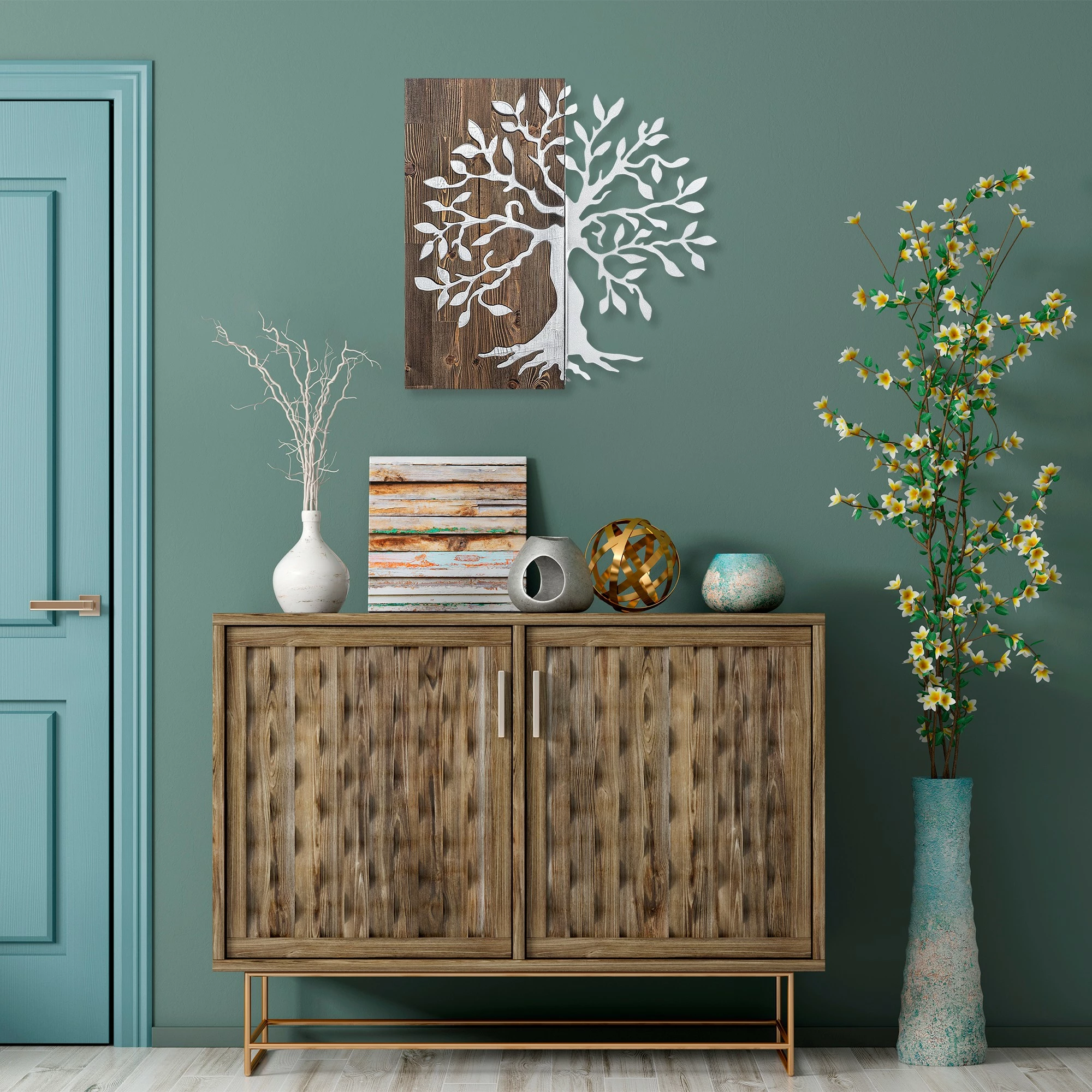 Aksesor dekorativ për mur, dru dhe metal, pemë, ngjyrë arrë dhe argjend, 58x58cm