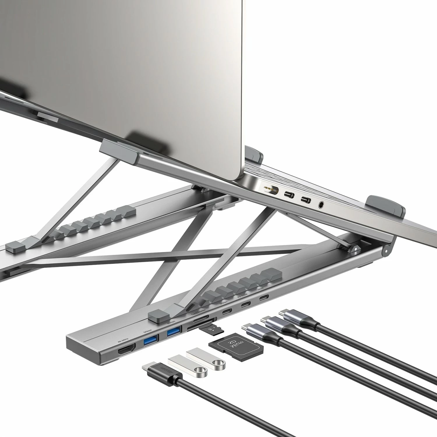 Kasë laptopi Unitek, me hub HDMI/PD/SD, e rregullueshme, ngjyrë argjendtë