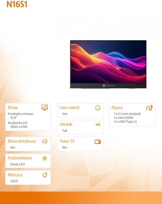 Monitor OLED 15.6" AG NEOVO N1651, 4K, USB-C, mini HDMI, i zi