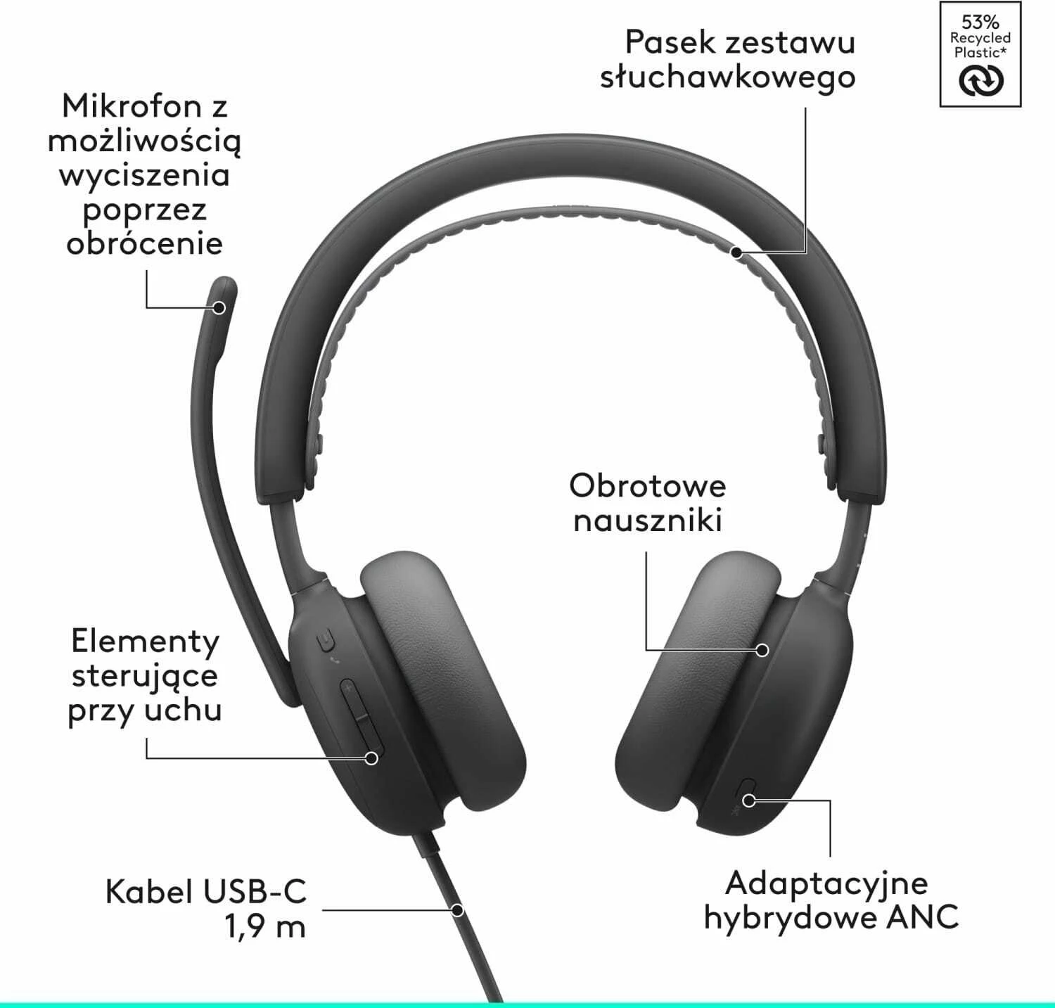 Kufje Logitech Zone Wired 2 981-001619, USB-C, me mikrofon, ANC hibride, kabllo 1.9 m, të zeza