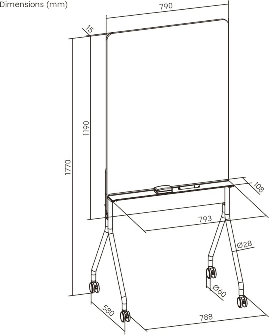 Tabelë shkrim-fshirëse, Ergo Office, ER-305, 119x79 cm, lëvizëse me rrota, jo magnetike, orientim vertikal, me marker dhe sfungjer, e bardhë