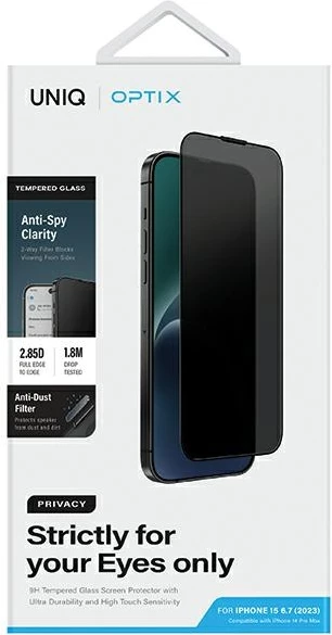 Xham mbrojtës privatësie UNIQ Optix Privacy për iPhone 15 Plus / 14 Pro Max me aplikator
