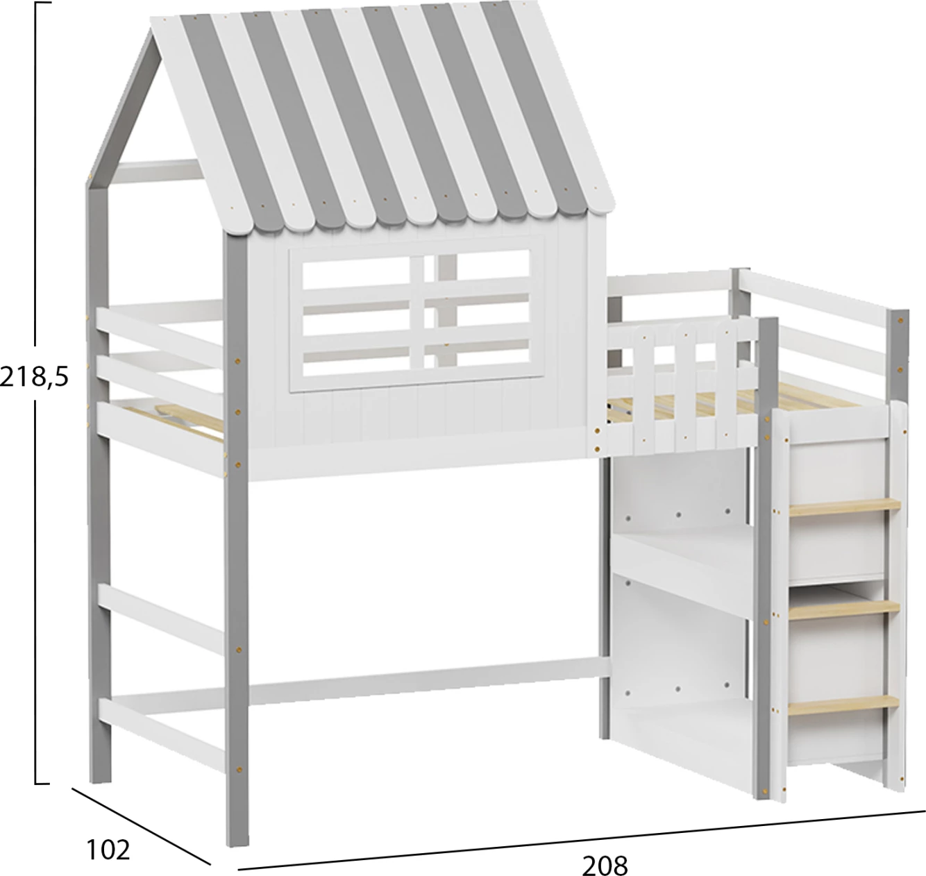 Krevat për fëmijë Montessori me rafte, druri pishe, bardhë-gri, HOMI FH712, për dyshek 90x190cm