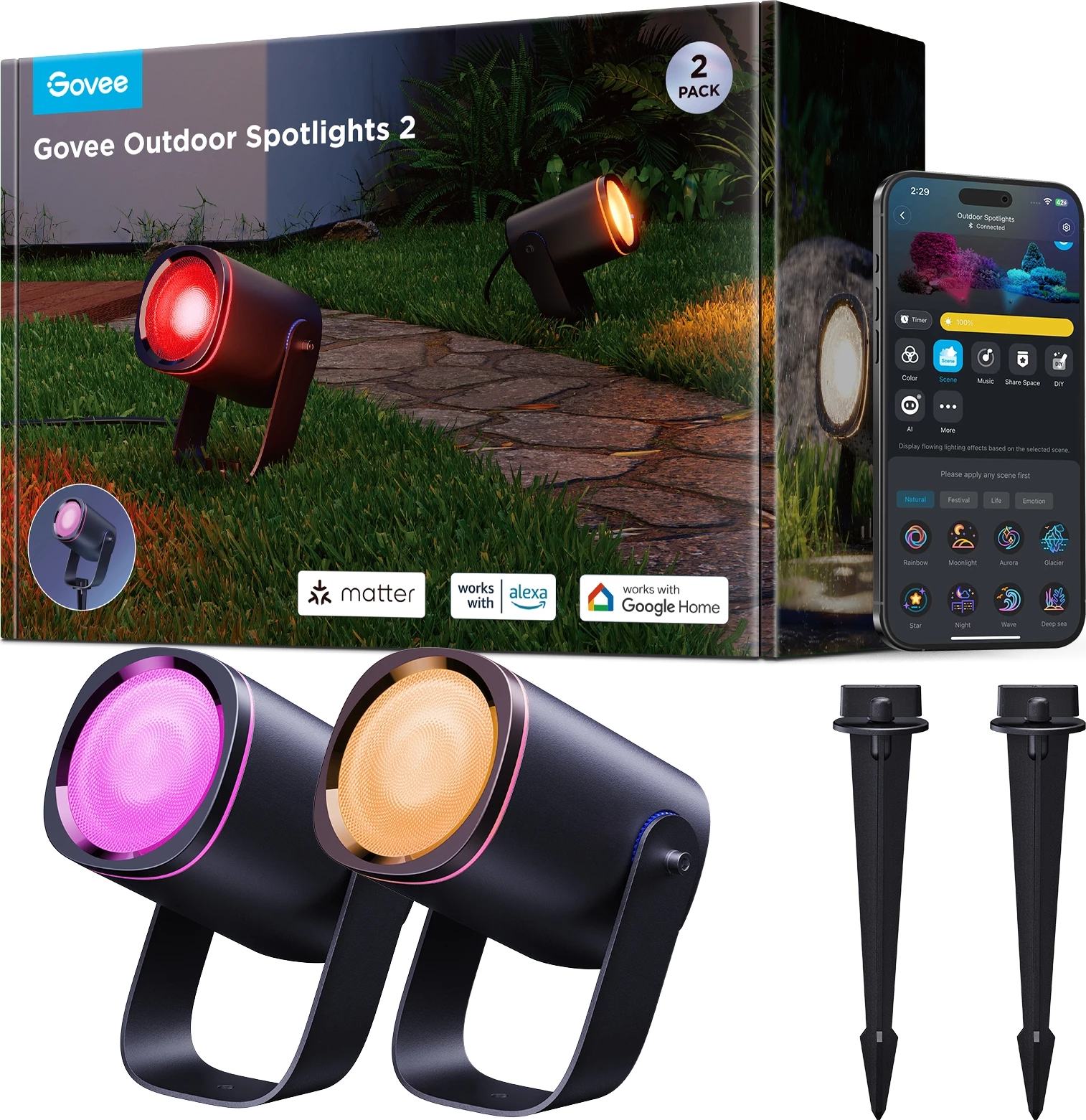 Reflektorë LED të jashtëm Govee Outdoor Spotlights 2, RGBWIC 16M ngjyra, IP67, Matter/Alexa/Google, 2 copë, të zeza