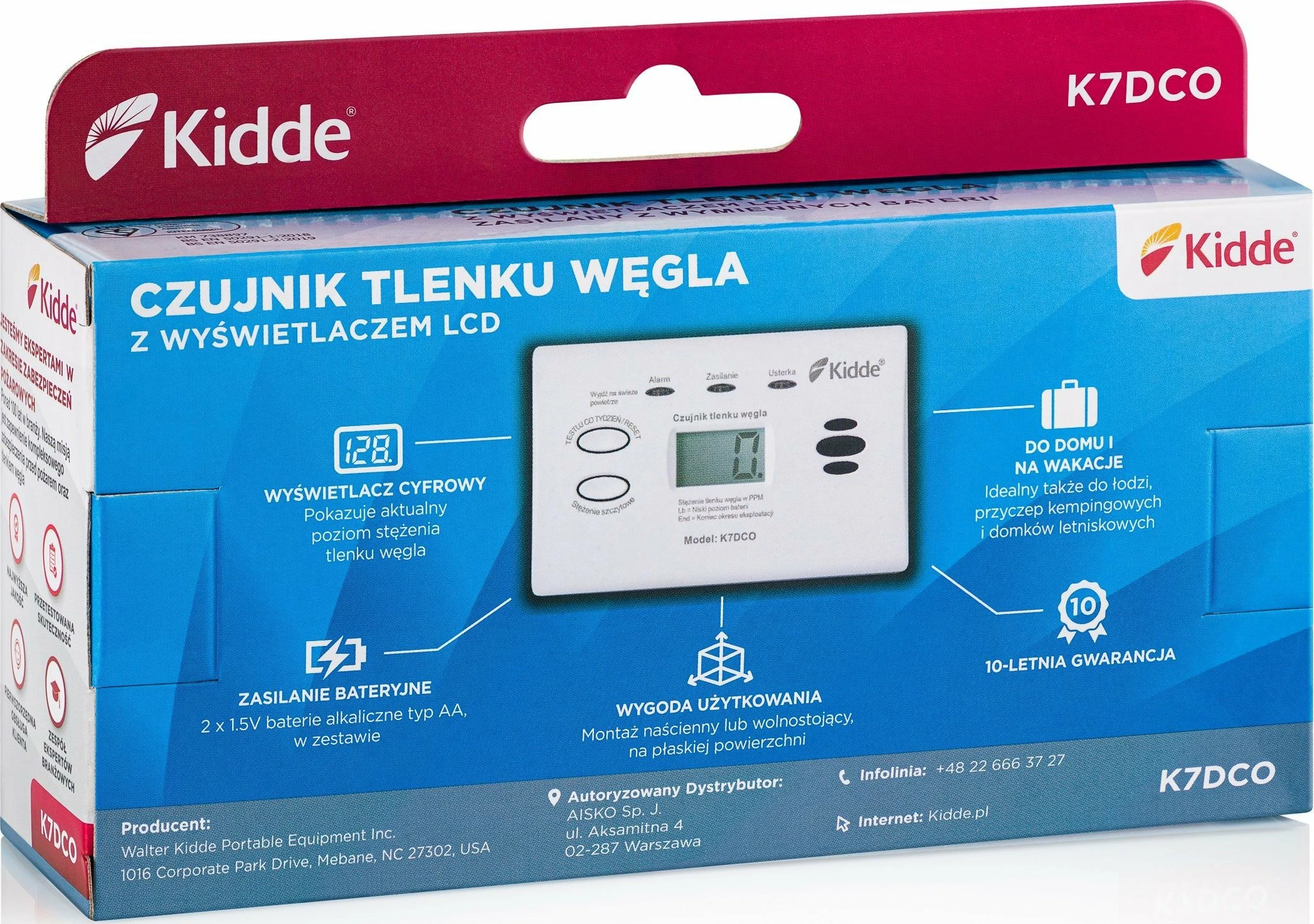 Detektor monoksidi karboni Kidde K7DCO me ekran LCD, 2x AA, i bardhë