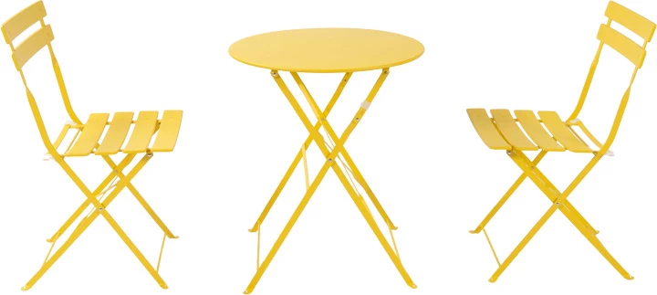 Set bistro 3 copë tavolinë metalike palosëse, ngjyrë e verdhë, D60x71cm
