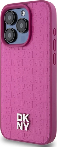 Mbështjellës DKNY Leather Monogram Pattern Metal Logo MagSafe për iPhone 15 Pro, Rozë