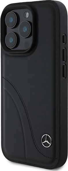 Mbështjellës Mercedes MB Curved Stitches Leather për iPhone 16 Pro, i zi
