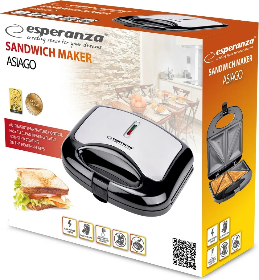 Tostier sanduiçesh Esperanza ASIAGO EKT011, 1000W, i zi/argjendtë