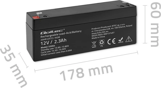 Bateri AGM Qoltec 53064, 12V, 2.3Ah, e zezë