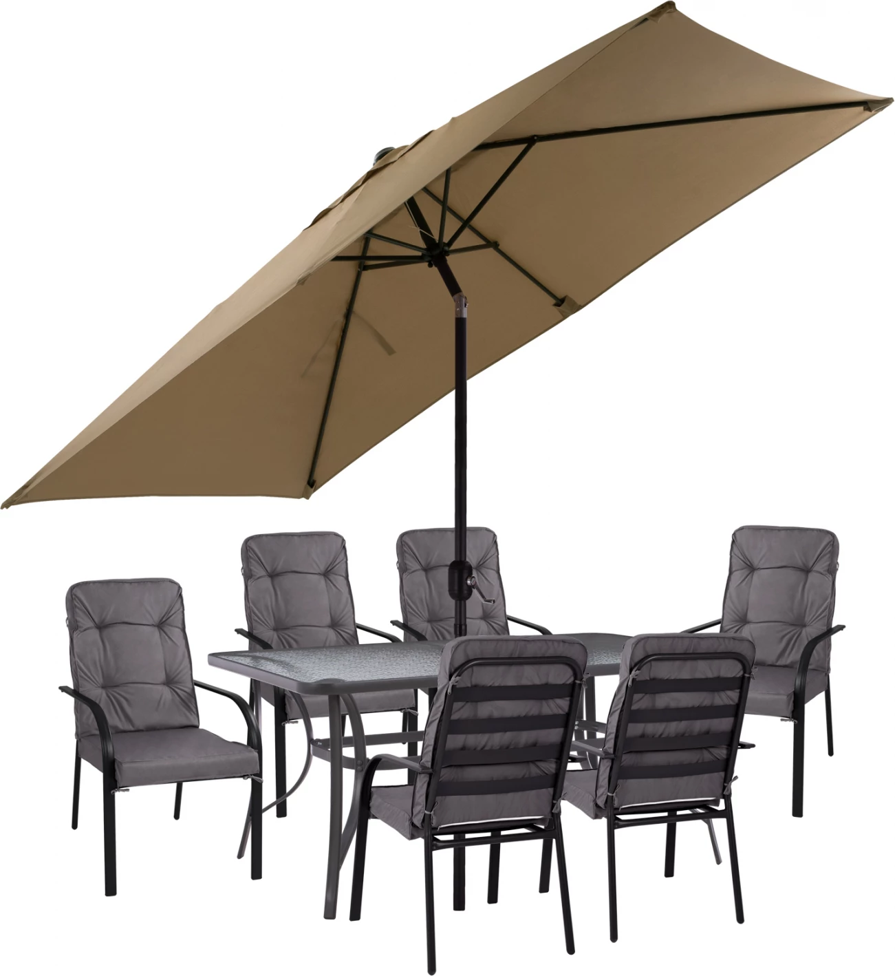 Set për darkë 8 copë, tavolinë, karrige me krahë gri dhe ombrellë mocha gri FH11476