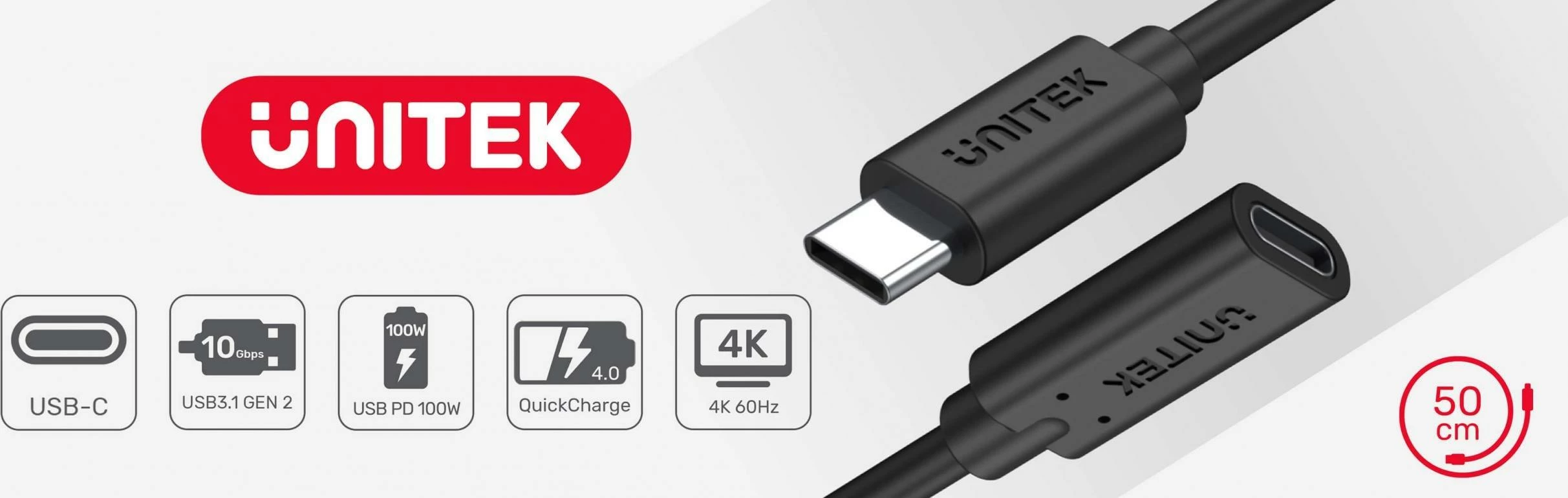 Kabllo zgjatëse USB-C Unitek C14086BK-1.5M 1.5 m USB 3.1 Gen2 10 Gbps 100W PD 4K, e zezë