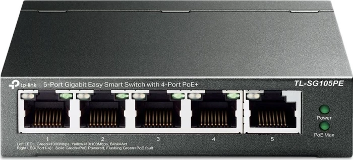 Switch TP-LINK TL-SG105PE 5-port Gigabit Easy Smart, 4-port PoE+ 65W, i zi