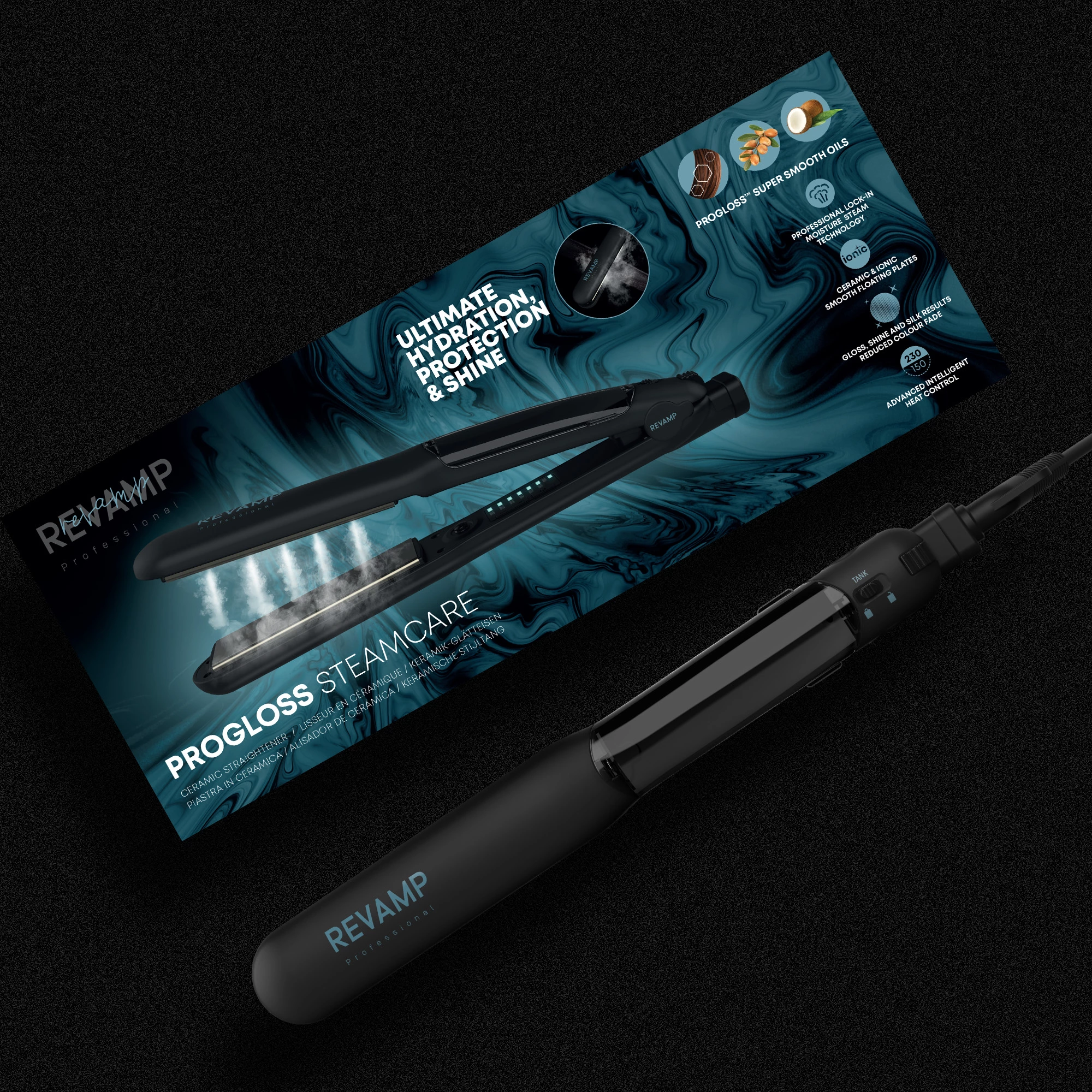 Drejtues flokësh Revamp Progloss Steamcare ST-1600, me avull, 150–230°C, pllaka qeramike, me mat silikoni