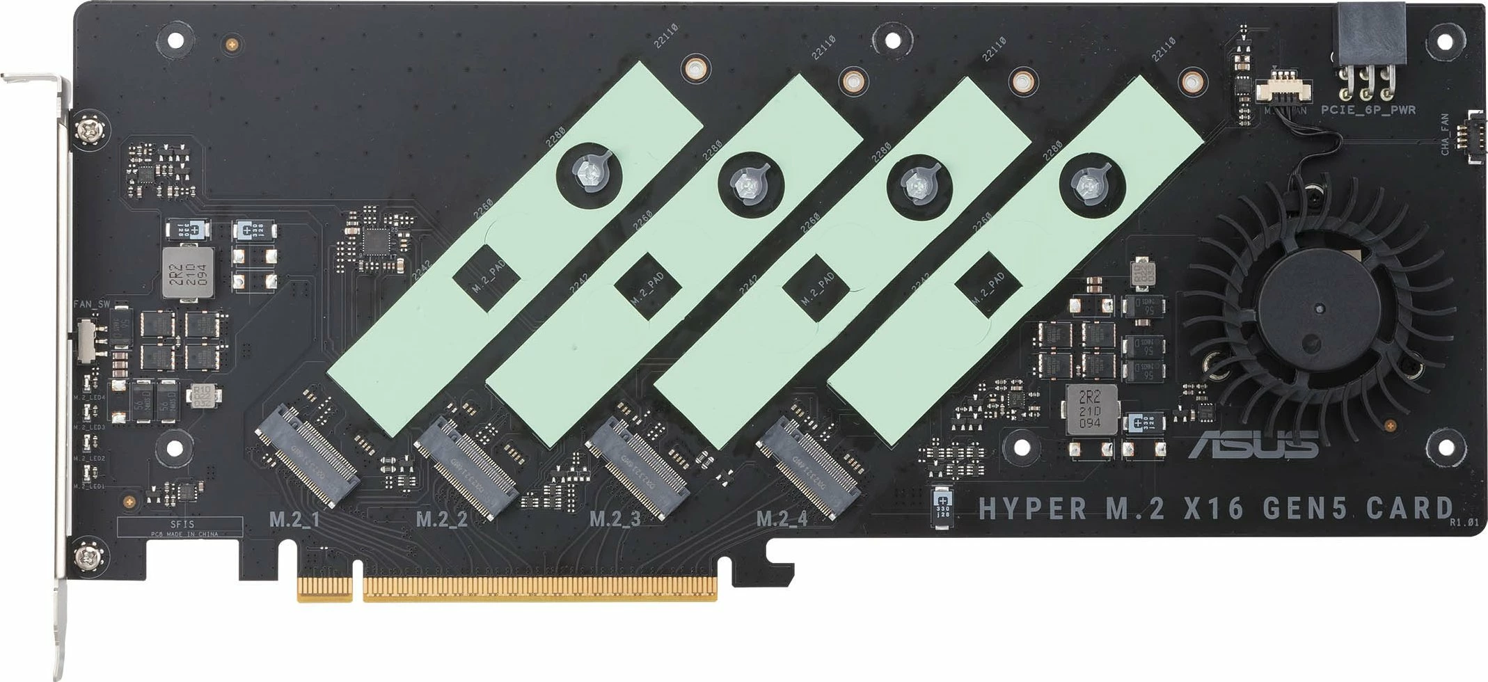 Adapter PCIe Asus Hyper M.2 x16 Gen5, PCI Express 5.0 x16, 4x M.2 NVMe, ftohje aktive, e zezë