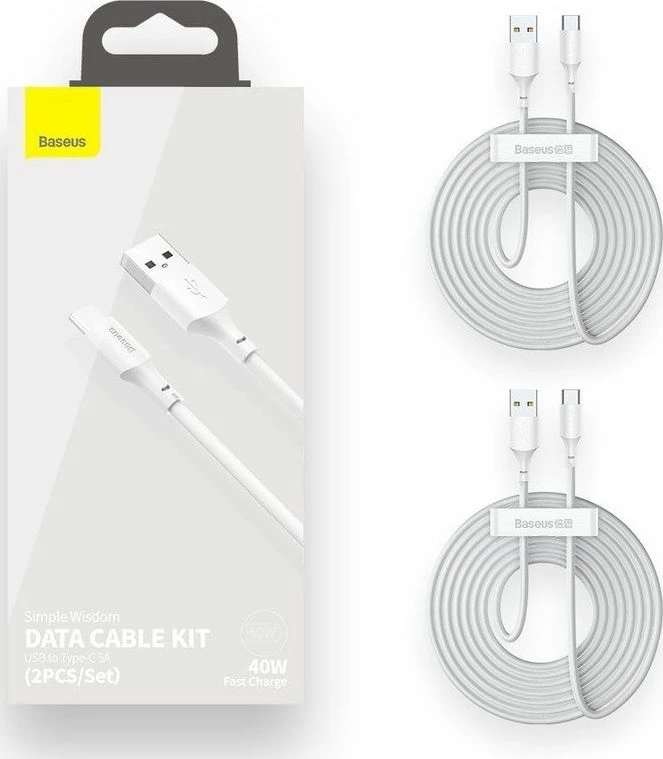 Kabllo USB Baseus Wisdom TZCATZJ-02 USB-A në USB-C, 1.5 m, 5A, USB 2.0, set 2 copë, e bardhë