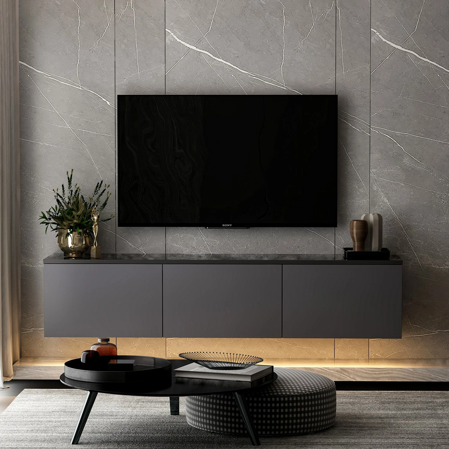 Komodë TV me ndriçim neon, ngjyrë antracit, Skye Decor