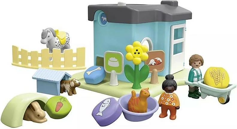 Set figurina Playmobil Junior 71690, hotel për kafshë me shpërndarës ushqimi, 21 pjesë, shumëngjyrëshe