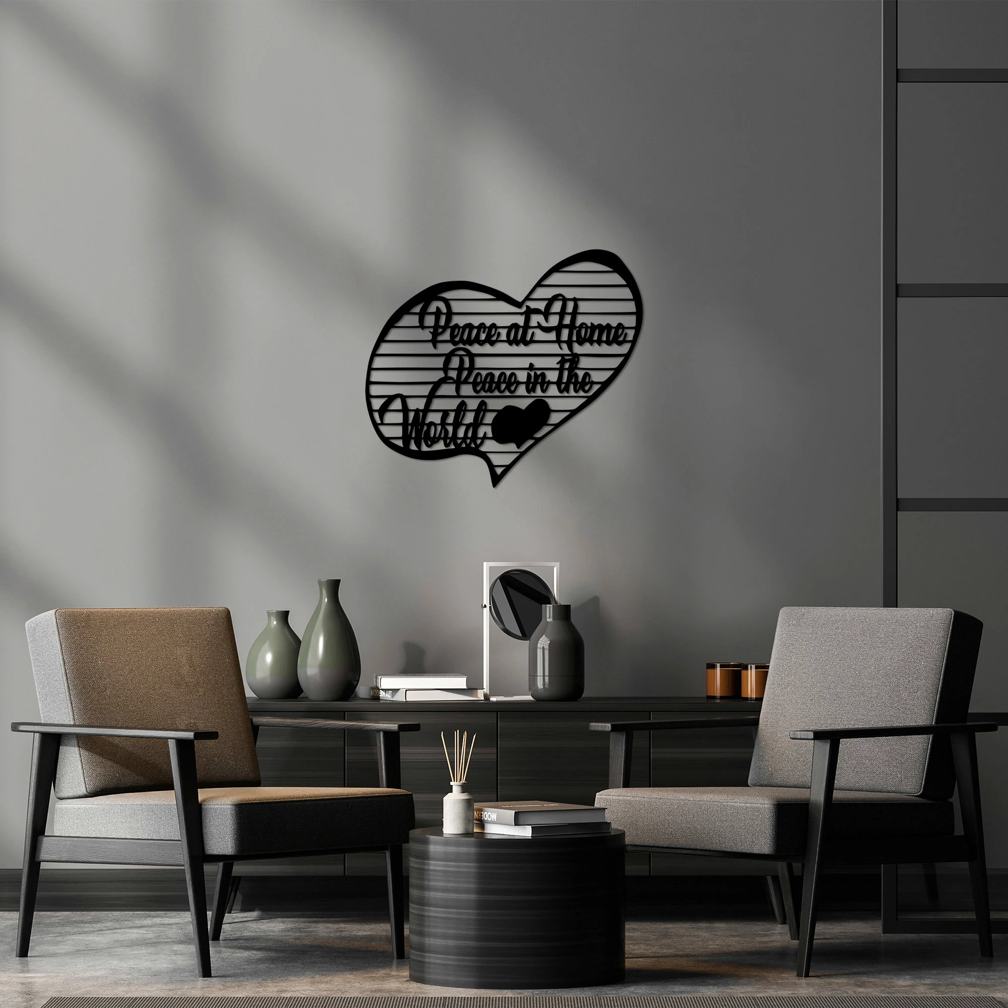 Aksesor dekorativ metalik për mur, Peace at Home Peace in the World, ngjyrë e zezë, 58x68cm