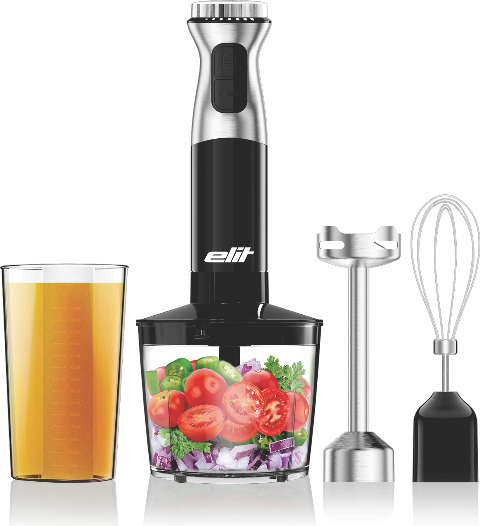 Blender dore Elit PulsarPRO SMI-800A 800W, set me grirës 500 ml + enë përzierje 700 ml + rrahëse, i zi/argjendtë