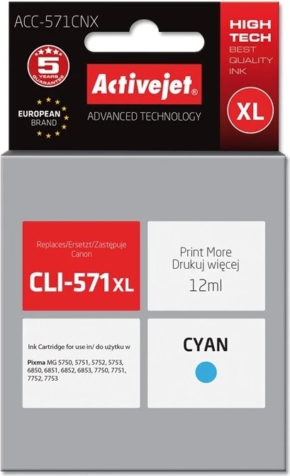 Toner për printer Activejet ACC-571CNX, për Canon CLI-571XLC, Cyan