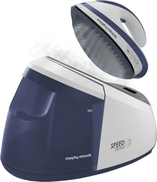 Hekur me avull Morphy Richards 333202, taban qeramike, rezervuar i lëvizshëm, bardhë/blu