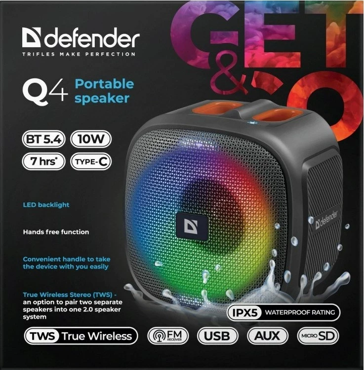 Boks Bluetooth Defender Q4, 10W, LED, FM, USB, TWS, Zi