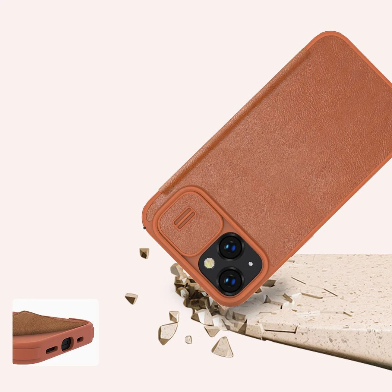 Mbështjellës Nillkin Qin Leather Pro Case për iPhone 14 Plus, me kapak dhe mbrojtje kamere, Kaltër
